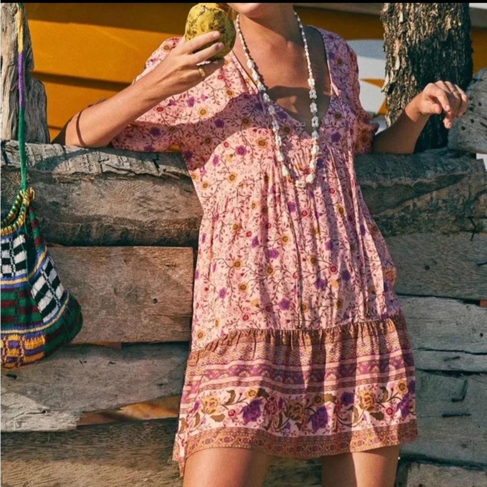 Starring pink Floral Print robe A-line Mini Dress Women V Neck Dress • Size S